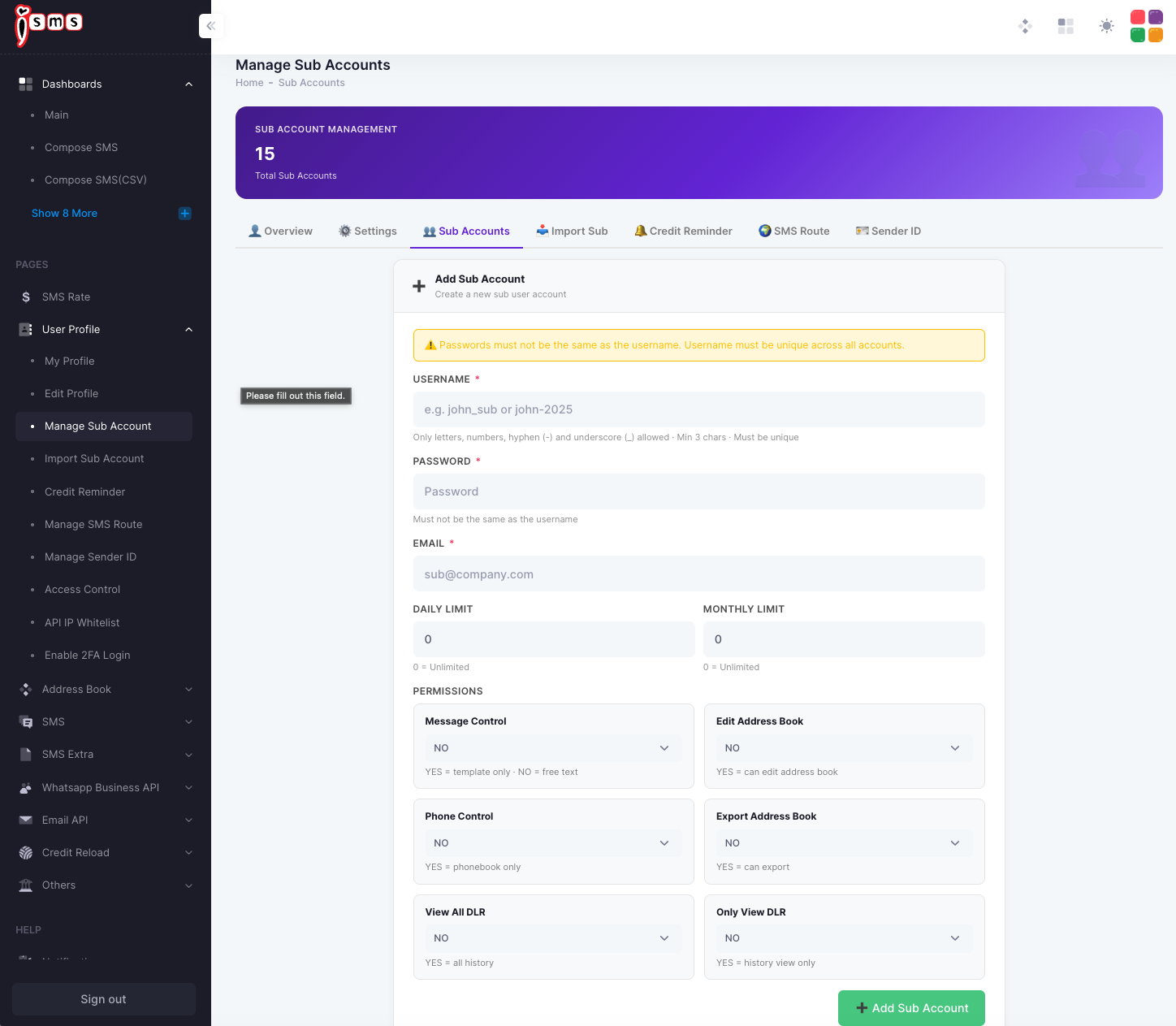 The iSMS Manage Sub Accounts screen with the Add Sub Account form: username, password, email, daily/monthly limits, and permission toggles.