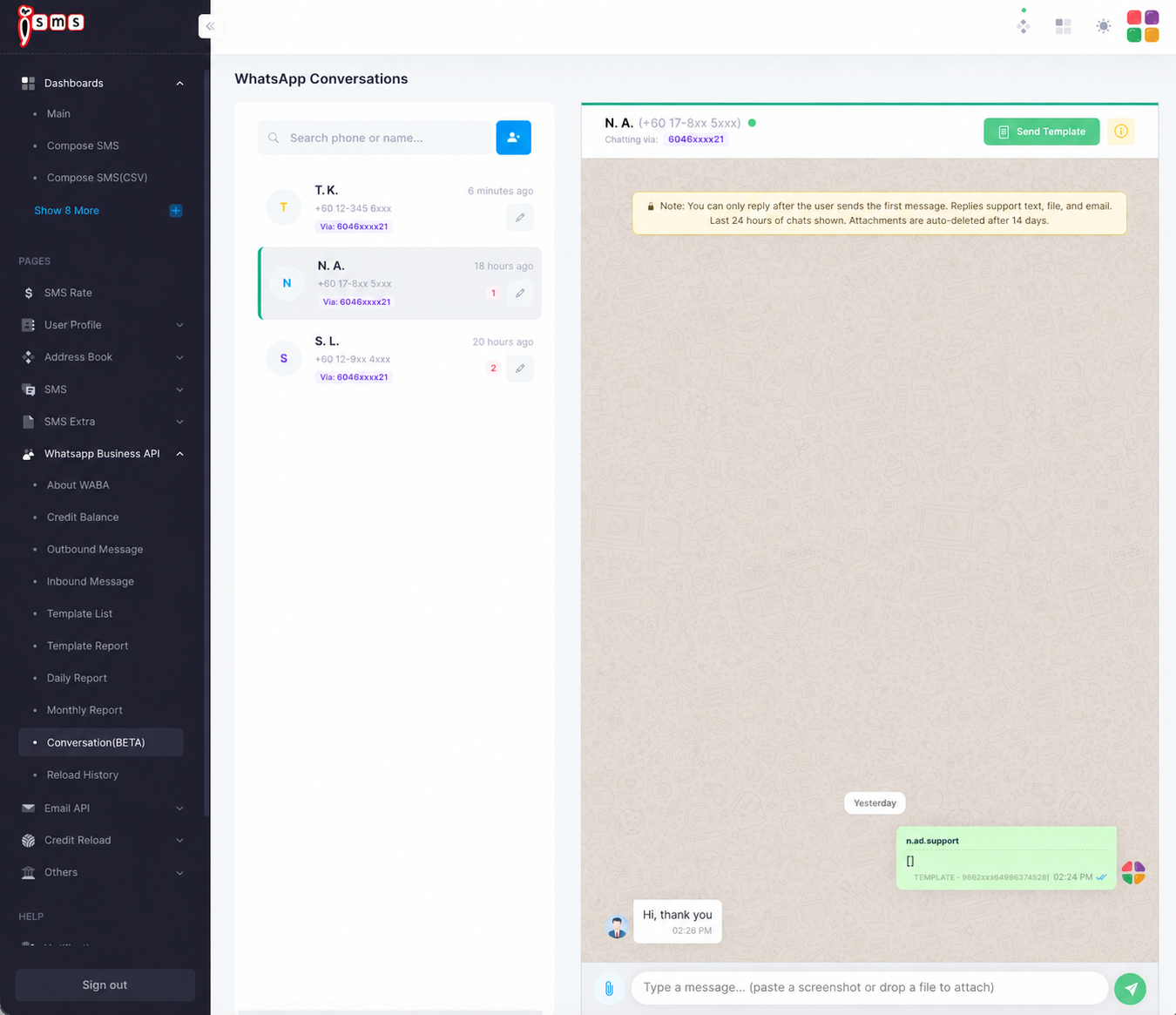 The iSMS WhatsApp Conversations inbox: a conversation list on the left and an open chat thread on the right with a Send Template button.