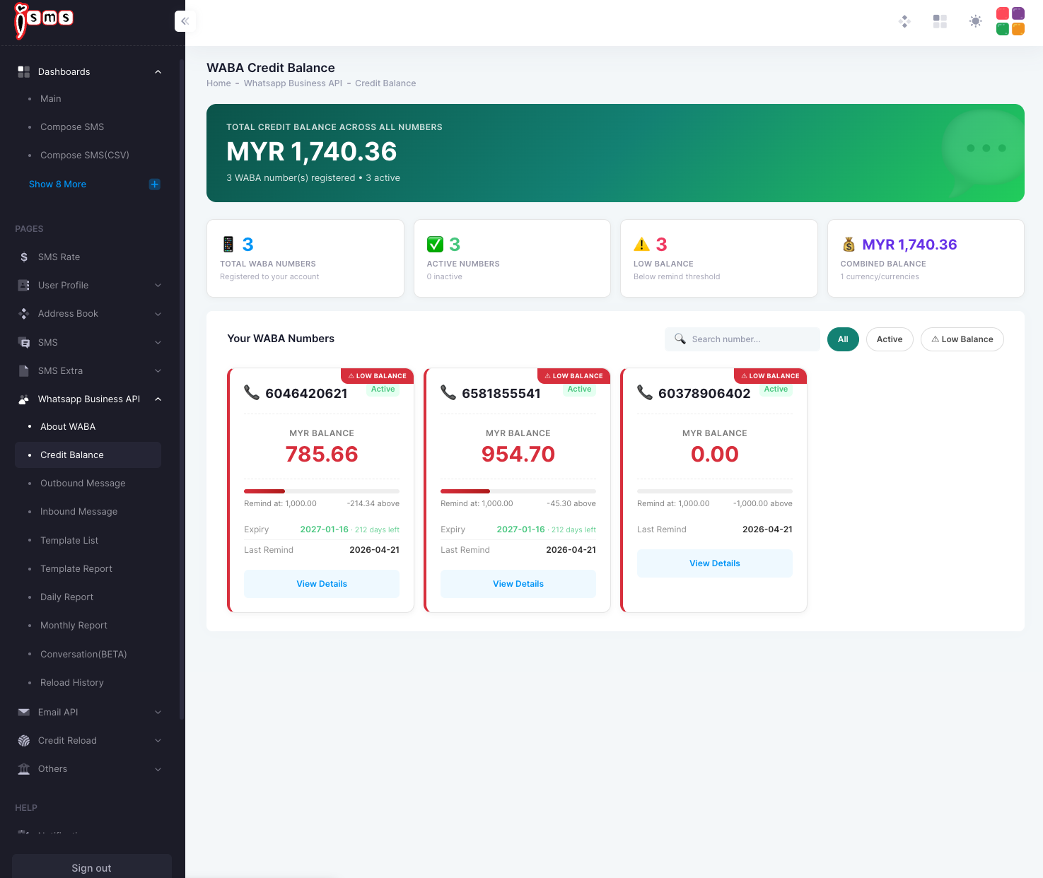 The iSMS WABA Credit Balance page: combined balance banner, summary cards, and a card per WhatsApp number showing balance, remind threshold, and expiry.