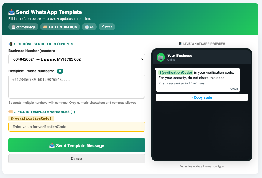 The iSMS Send WhatsApp Template form: choose sender, recipient phone numbers, template variable inputs, and a live WhatsApp preview that updates as you type.