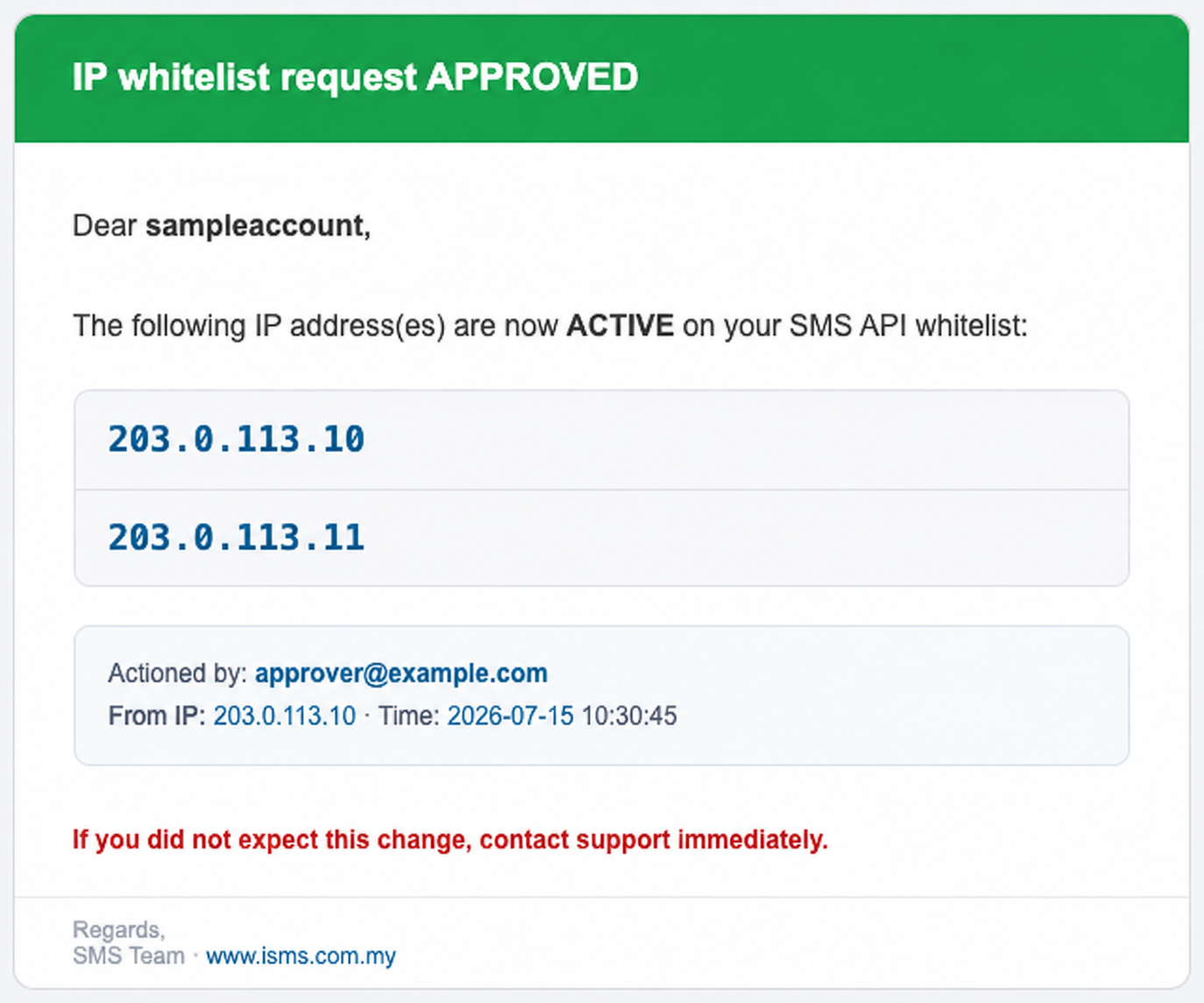 The success page after approving: IP whitelisted successfully, the now-active IP addresses, who approved it, and confirmation that all account emails are notified.