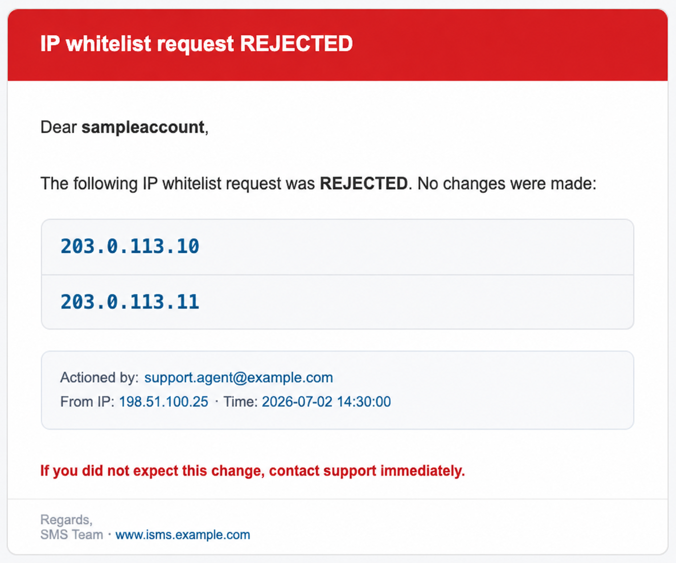 The REJECTED notification email: the request was rejected, no changes were made, plus who actioned it, from which IP, and when.